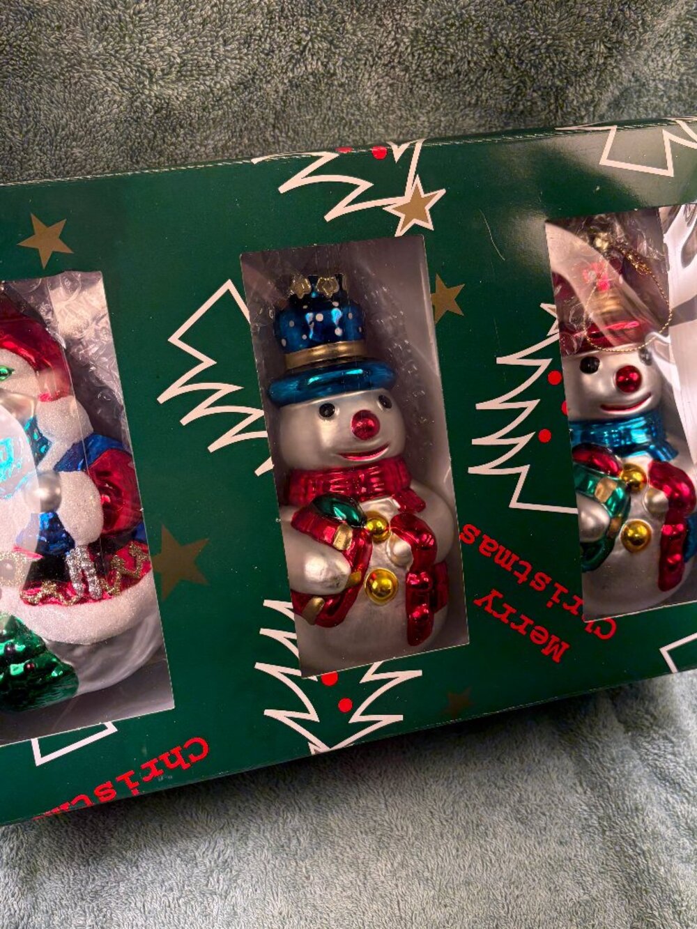 Vintage Glass Christmas Ornaments Set of 3 Santa and Snowmen HomeGoods Boxed